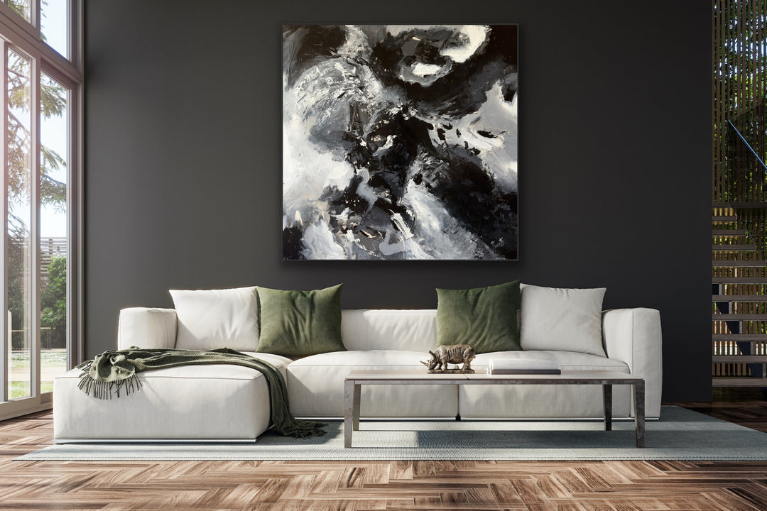 emotionally charged painting, turbulent atmosphere, modern art, industrial spaces, commanding centerpiece, drama, power, mystery, untamed spirit, roaring storm, visually captivating, deeply evocative, intense artwork, bold composition, striking painting, storm-inspired art, abstract expression, dynamic design, atmospheric art, interior focal point