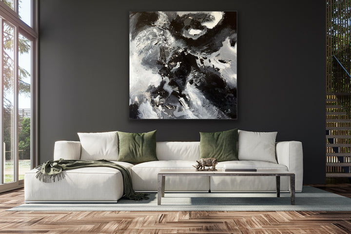 emotionally charged painting, turbulent atmosphere, modern art, industrial spaces, commanding centerpiece, drama, power, mystery, untamed spirit, roaring storm, visually captivating, deeply evocative, intense artwork, bold composition, striking painting, storm-inspired art, abstract expression, dynamic design, atmospheric art, interior focal point